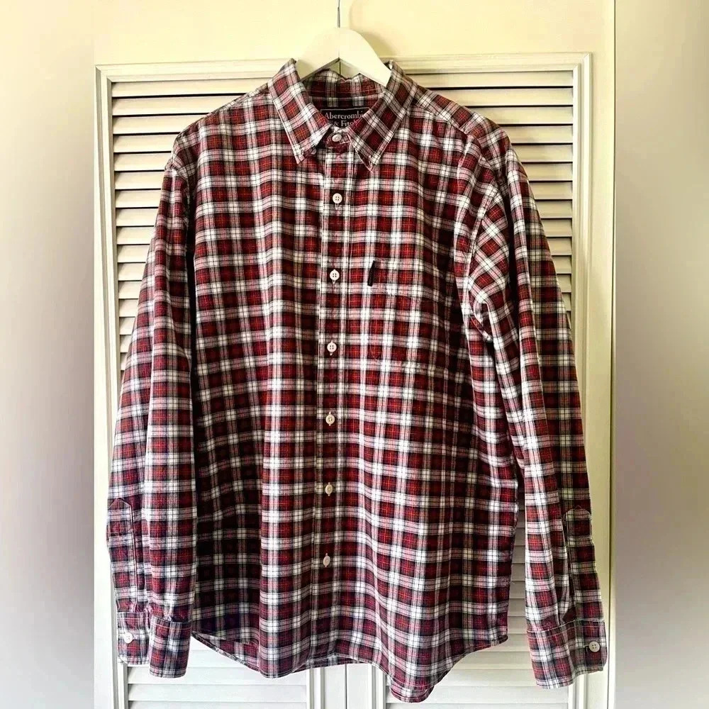 Abercrombie & Fitch Men’s Red/Green/White Plaid Button Down Shirt SZ L